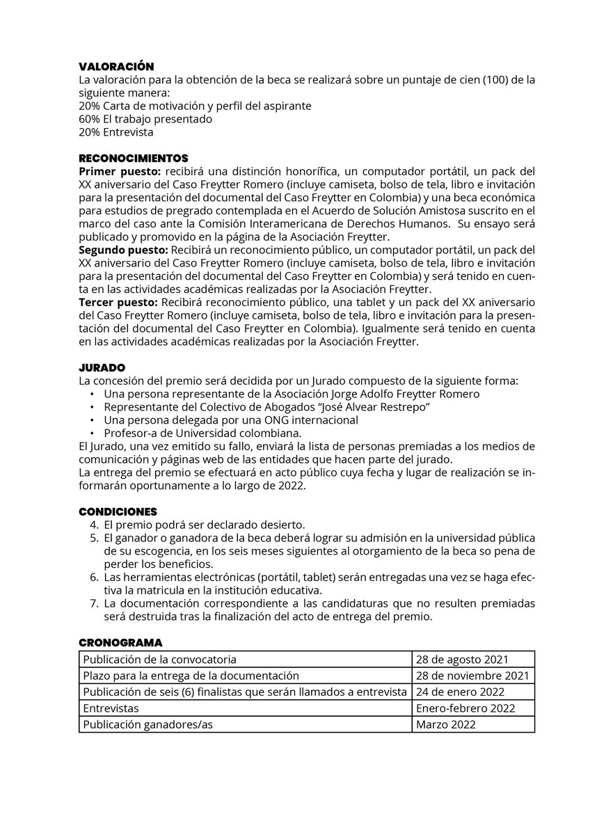 Ya está abierta la convocatoria a la Beca JORGE ADOLFO FREYTTER ROMERO <a href="/ascjafr/">Asociación Freytter Elkartea</a> para jóvenes del Caribe colombiano que deseen iniciar su primera carrera universitaria en pedagogía o ciencias de la educación.
Info: freytter.eus | colectivodeabogados.org