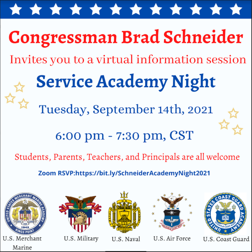 There is a Service Academy virtual information session on September 14th at 6pm. Representatives will present from the US Military Academy, US Naval Academy, US Air Force Academy, US Merchant Marine Academy and US Coast Guard Academy. To RSVP...

bit.ly/SchneiderAcade…
