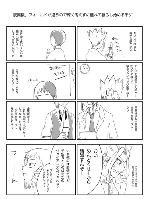 今まで一緒にいるのが当たり前すぎてもはや付き合うとかゆう概念が無くなってたくせに、復興後急にあっさり離れて暮らし始める千ゲ
続…くかもしれない、いや、嘘かも… 