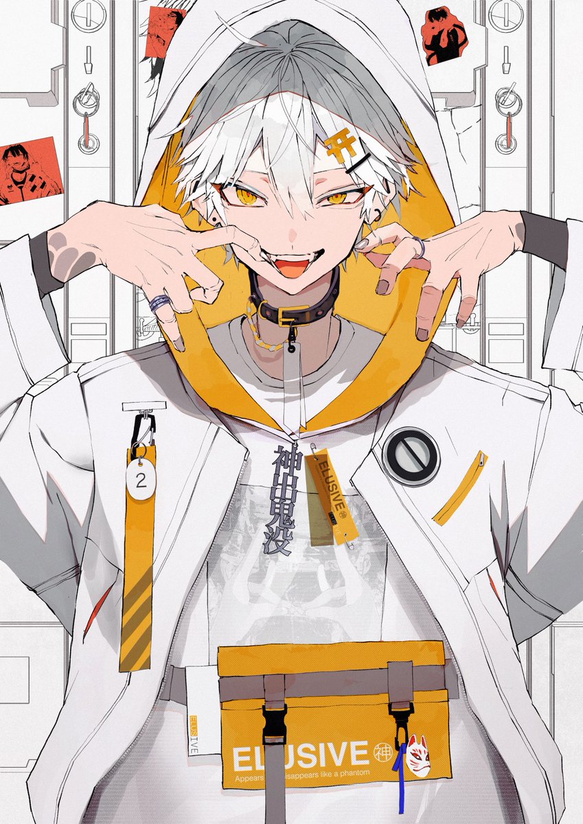 1boy male focus hood white hair solo jewelry yellow eyes  illustration images