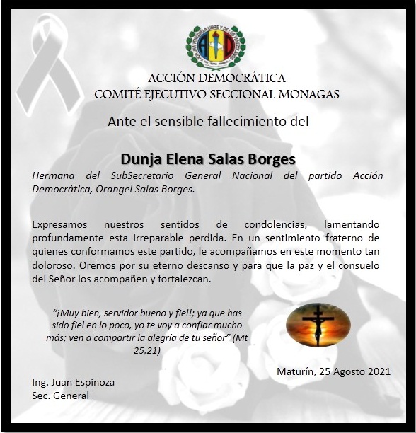 CES_ADMONAGAS's tweet photo. CES Monagas se une al duelo que embarga en estos momentos a la familia Salas Borges, por la partida física de la hermana del SubSecretario General Nacional, Orangel Salas Borges. 
Dios le conceda el descanso eterno y brille para ella, la luz perpetua.¡Que su alma descanse en Paz! https://t.co/7pZNB5brCA