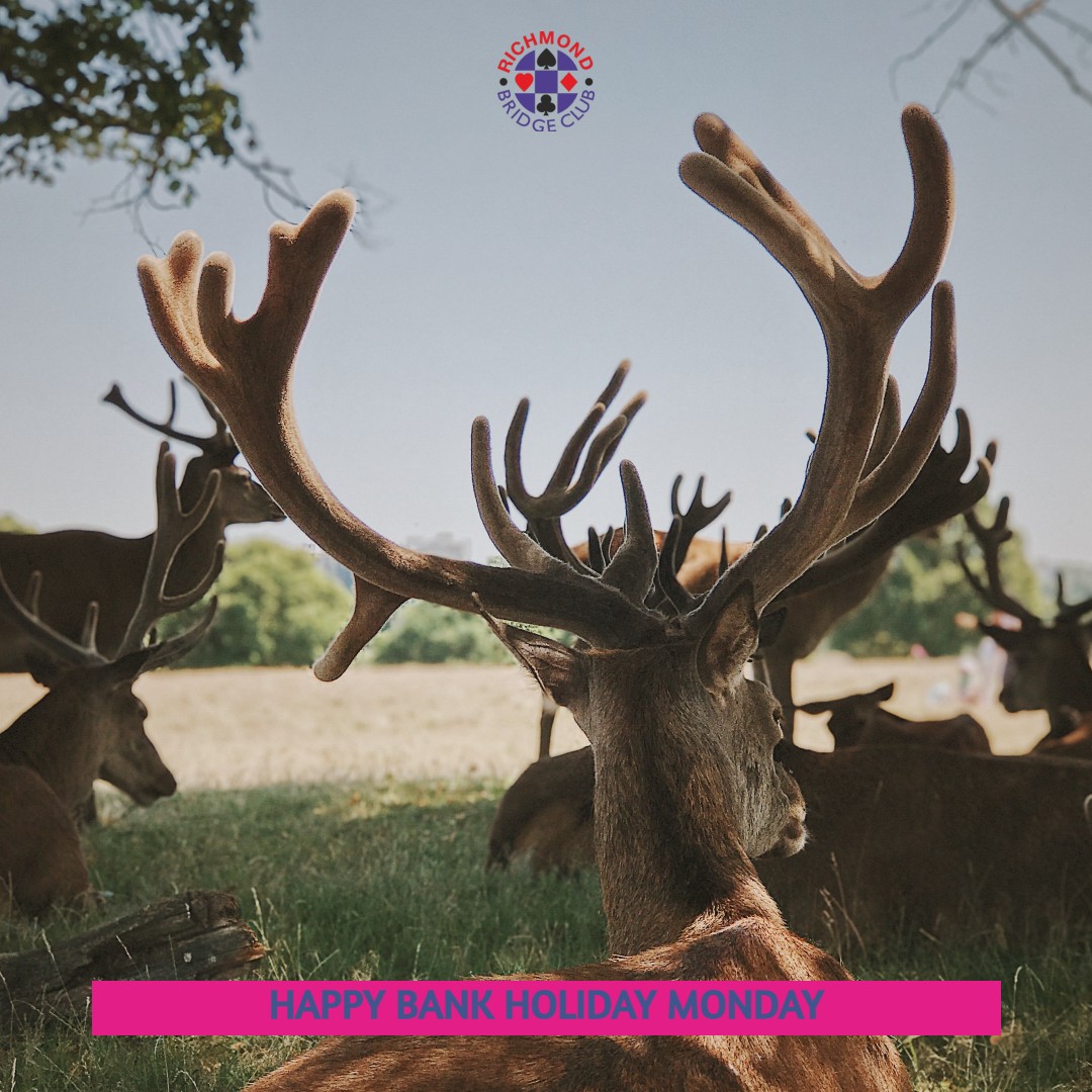 📢Bank holiday update📢

CLUBHOUSE
Closed during the day and open for the Monday evening duplicate session

ONLINE
Monday Morning Gentle BBO - 10:00
Bank Holiday Swiss Pairs BBO - 14:00

We hope everyone has a lovely day whatever you’re doing!🌞