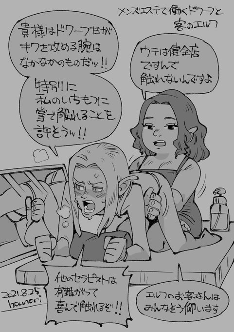 お絵描き:メンズエステ店で働くドワーフと客のエルフ 