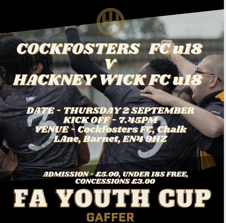 Our under 18s will be in action next Thursday in the FA Youth Cup away to <a href="/CockfostersFC/">Cockfosters FC</a>  COYW