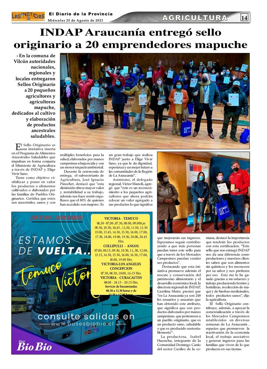 🔴[PRENSA📰] Destaca entrega de Sello Originario a 20 emprendedores mapuche de #Vilcún en La Araucanía. Certificación de #INDAP y #EligeVivirSano acredita que son productos ancestrales saludables, elaborados por manos campesinas 👩🏻‍🌾🧑🏻‍🌾, a baja escala y un menor impacto ambiental.