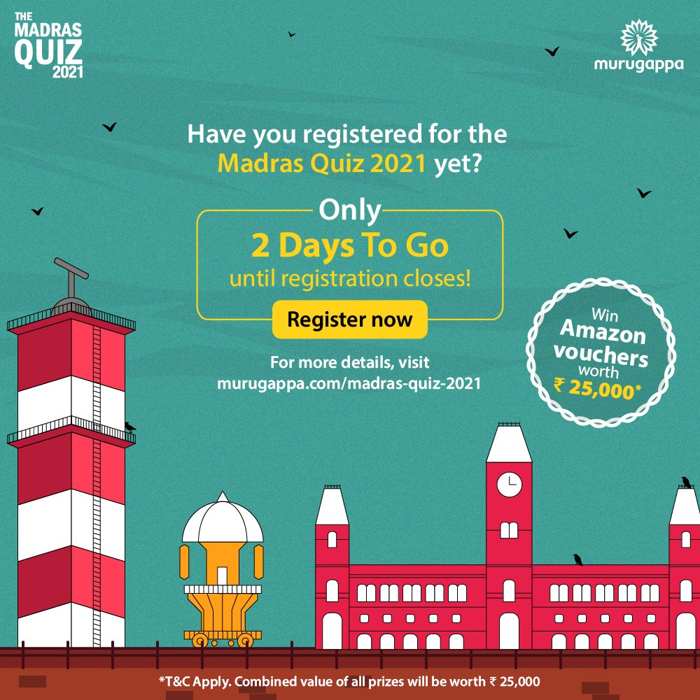 Participate in the Madras Quiz 2021 on Sunday, August 29th, and stand a chance to win Amazon vouchers worth up to Rs. 25,000. 
Registrations are free and open until Friday, 27th August! Hosted by <a href="/sumanthraman/">Sumanth Raman</a>  
Register here: murugappa.com/madras-quiz-20…