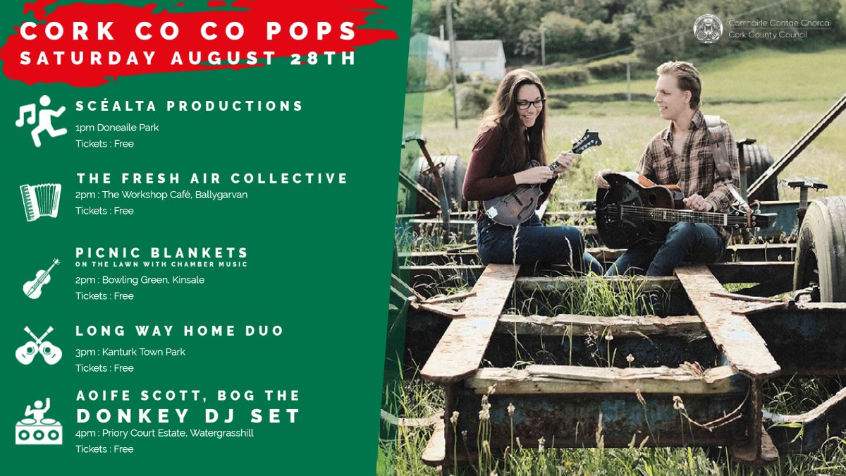 Corkcoco's tweet image. 🎵This Saturday the 28th of August there are 5 acts that feature in our Cork Co Co Pops Outdoor music events.🎵

#LLPPS
@DeptCulturelRL 
@pure_cork
