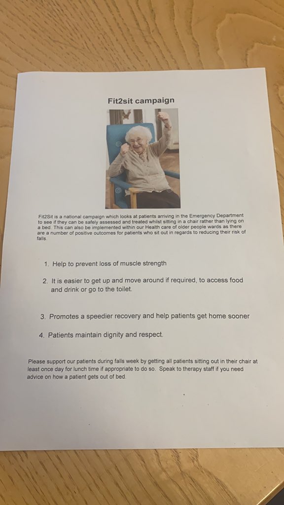 HCOPTHERAPY_NUH's tweet photo. Day 3 #NUHfallsweek - is your patient #Fit2Sit ?!
Today we actively encouraged MDT to focus on patients sitting out of bed if they can and how this helps to prevent falls! #endpjparalysis @HcopTeam @NUHTherapies https://t.co/ZzINPEQdIA