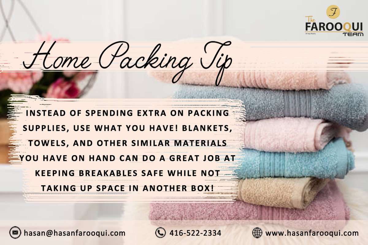 HasanFarooqui14's tweet image. HOME PACKING TIP - INSTEAD OF SPENDING EXTRA ON PACKING SUPPLIES, USE WHAT YOU HAVE! BLANKETS, TOWELS, AND OTHER SIMILAR MATERIALS YOU HAVE ON HAND CAN DO A GREAT JOB AT KEEPING BREAKABLES SAFE WHILE NOT TAKING UP SPACE IN ANOTHER BOX!📦🧳

#movingtip #homepacking