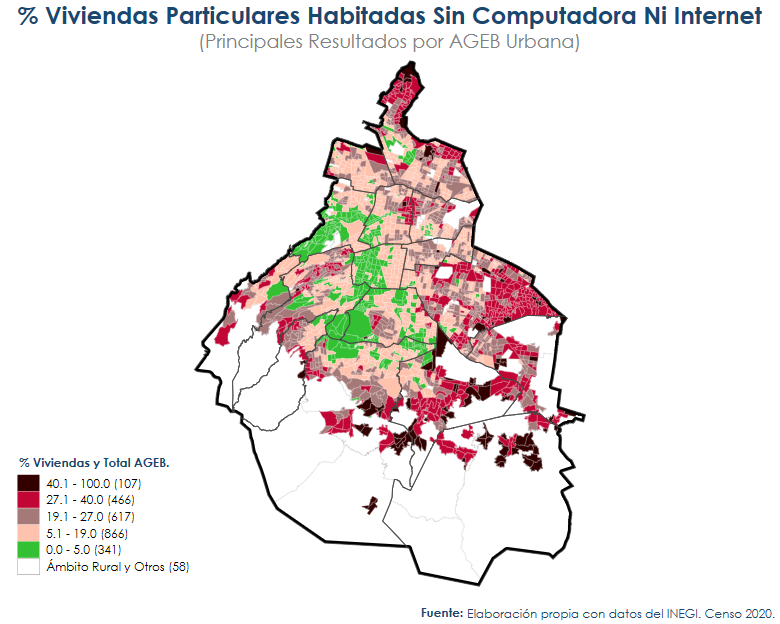 marco_austria_'s tweet photo. De acuerdo con el #Censo2020, en la #Cdmx existen 398,876 #Viviendas habitadas que no cuentan con #Computadora ni #Internet. 

Dicha población se concentra en 1,190 #AGEB #Urbanas (3 primeros colores en la paleta), agrupando alrededor de 1.4 millones de personas. https://t.co/eBgpe5ukf8