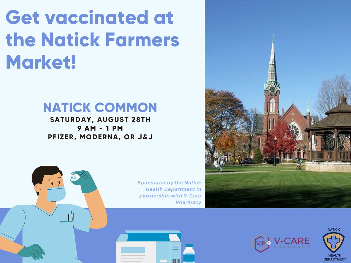 It's never too late to get vaccinated! Join us at the Natick Farmers Market this Saturday the 28th to get your COVID-19 vaccine. Get any of the three vaccines - including the fully FDA approved Pfizer vaccine! No appointment needed. Thanks V-Care Pharmacy for partnering with us!