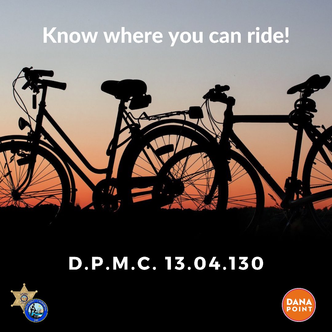 OCSDDanaPoint's tweet photo. Here are a few areas where riding bikes is prohibited:
-Hilltop park
-Harbor Point Park
-Strand Switchback Trail
-Strand Beach Park
-Strand Access Trail
-Dana Point Preserve
Dana Point Police Services: (949) 248-3531
#staysafeoc #dpps #ocsd https://t.co/a5QfJ1cFUp