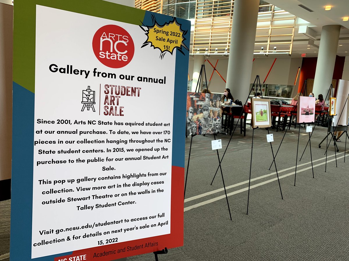 artsncstate's tweet image. Check out our #studentart #popupgallery today 3rd floor of Talley 11-2pm as part of the Pullen Society Luncheon! And mark your cals for the spring #studentartsale April 15! @NCStateDASA @NCStateUnion