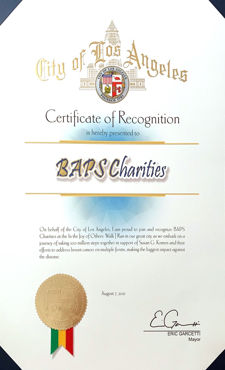 Thank you @MayorOfLA @ericgarcetti for recognizing our 2021 @BAPSCharities #JoyOfOthersWalk supporting @SusanGKomen & @PlayEquityFund. Thanks for giving us the opportunity to serve the city and community we love! #LALove #BAPSCharities #BAPSServesAll #BAPSLA #LosAngeles