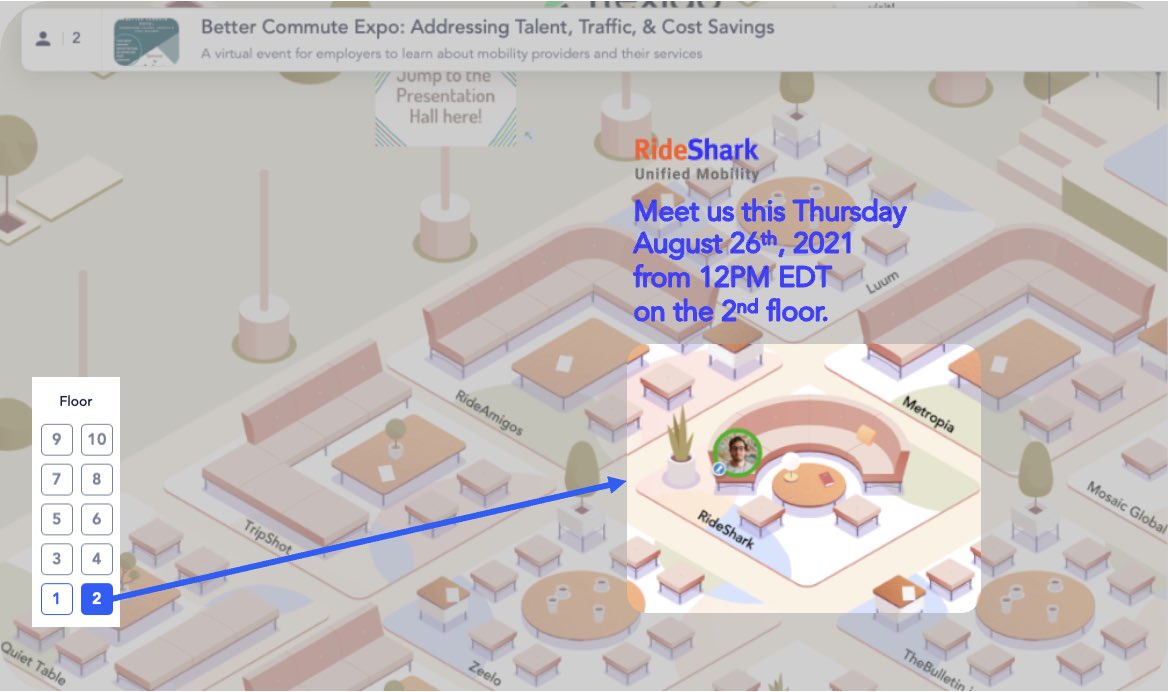 Wanna talk commute options to reduce traffic in your city? 

RideShark will be at the Better Commute Virtual Expo on the second floor to answer your questions. This Thursday, August 26th at 12PM. See you there!