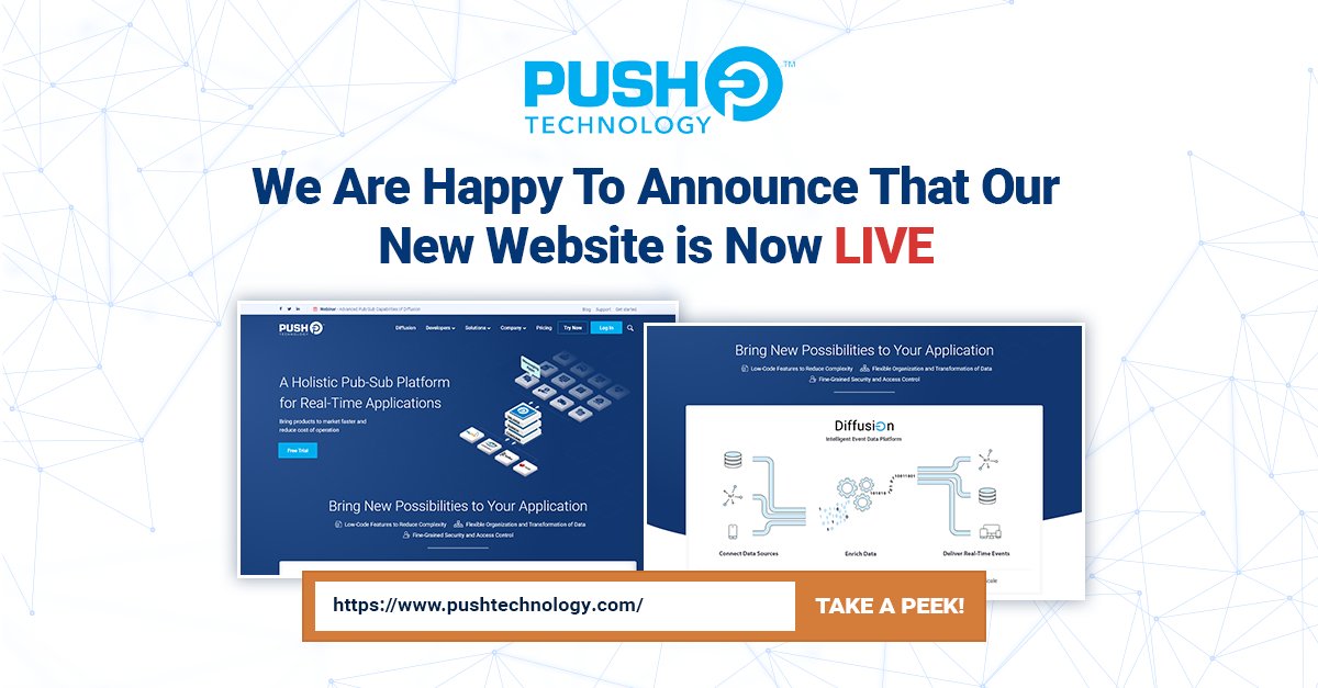 push_technology's tweet photo. Same mission. Same vision. A new look! We are excited to announce that our new website is now LIVE. Drop by for a visit now! https://t.co/qrG86xTmvr
#diffusion #diffusioncloud #eventdata #developers #cloudcomputing #newlaunch #websitelaunch https://t.co/gIkcLavoLN