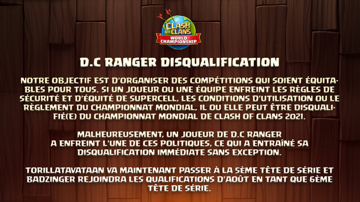 🚨 Nous avons une mise à jour importante concernant les qualifications du mois d'août.

TorillaTavataan passera désormais à la 5ème place et @Badzinger_CoC rejoindra les qualifications d'août en tant que 6ème équipe. 👇🏻

#ClashWorlds | #ClashEsports