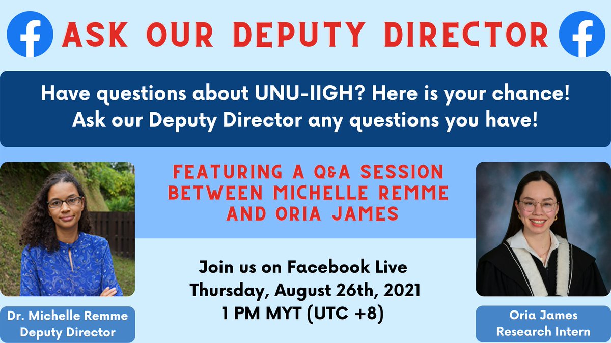 🎉 Join us for our “Ask our Deputy Director” event TOMORROW, August 26th at 1pm MYT! 

This Facebook live event will provide you with an opportunity to ask our Deputy Director, <a href="/DrMichelleRemme/">Michelle Remme</a> any questions you may have about UNU-IIGH. 

Happy #IIGHWeek! 🎊

#IIGH2021 #AskIIGH