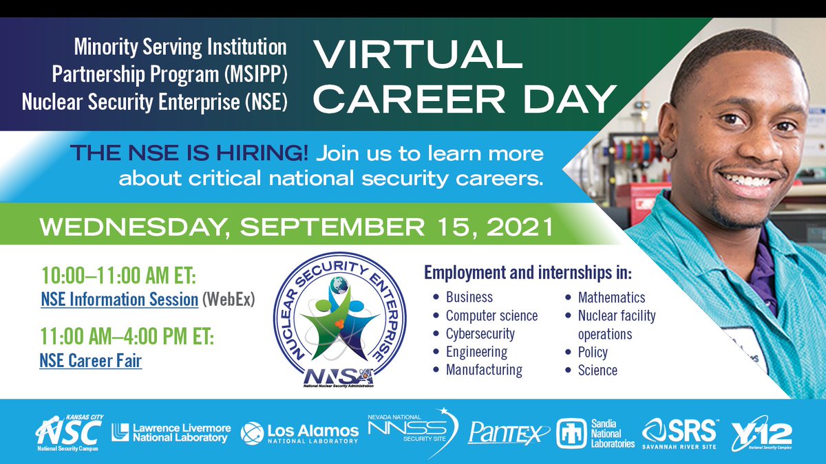 NNSAWilliams's tweet photo. #DYK the Nuclear Security Enterprise is looking to hire 4-6000 #diverse #nextgen #nuclearsecurity professionals annually? #MSIPP students interested in #NNSA’s mission can register for our virtual #jobfair on 9/15. See if your school is participating. #DEI
https://t.co/oNA7c0p9MU https://t.co/tbc1sHtRAw