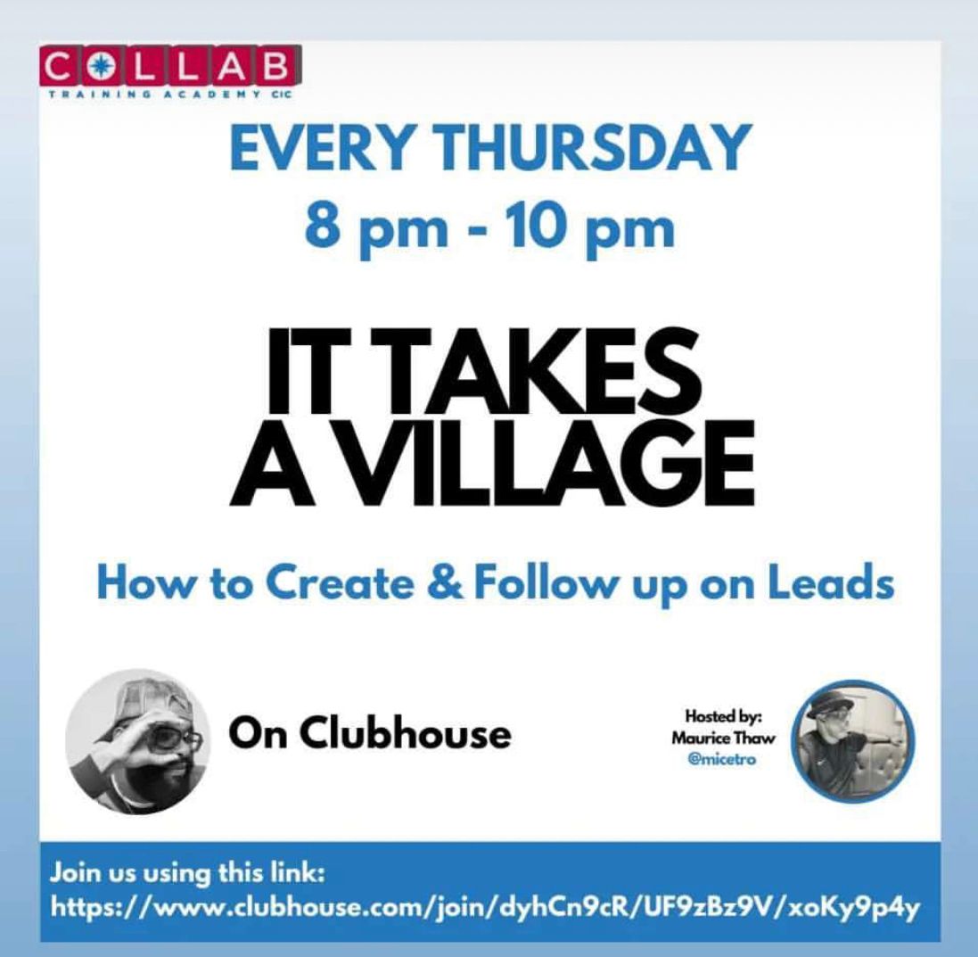MAConsultancyUK's tweet photo. Weekly #Networking Event on #Clubhouse in the #ItTakesAVillage club on the #Clubhouseapp run by #MauriceThaw of #ColabTraining @colabtraining 🤝🌎 https://t.co/lf7GRXFB8q