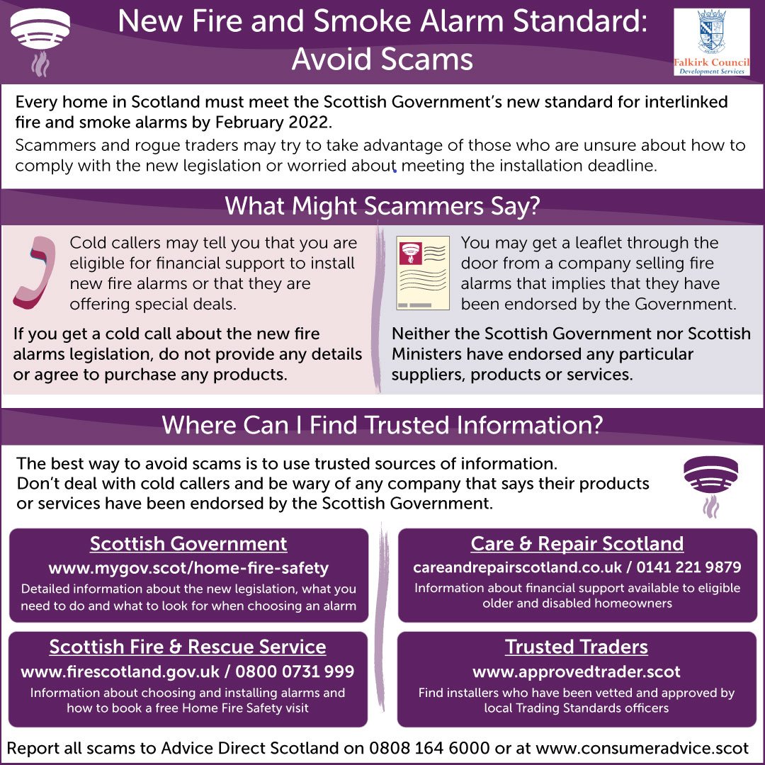 scotfire_FlkWL's tweet photo. Be careful when choosing the right detection when upgrading your fire alarm system to meet the new standard. Our local trading standards at Falkirk Council have put together some helpful info and some things to consider when it comes to scammers. @TSScot https://t.co/8TLbG6XSkp