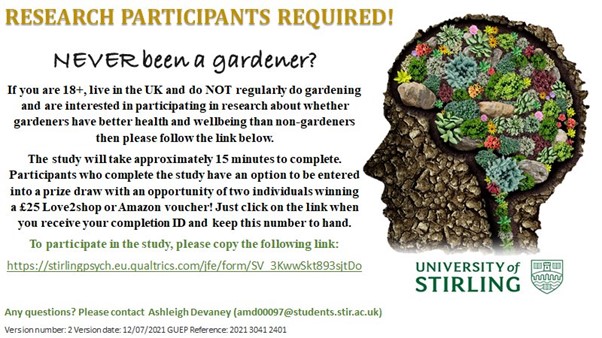 My Health Psychology MSc student needs a few more people who are "non-gardeners" to take part in a brief survey investigating the impact of gardening on wellbeing. There's a £25 voucher prize draw &amp; we would be very grateful! Please complete and/or RT  stirlingpsych.eu.qualtrics.com/jfe/form/SV_3K…