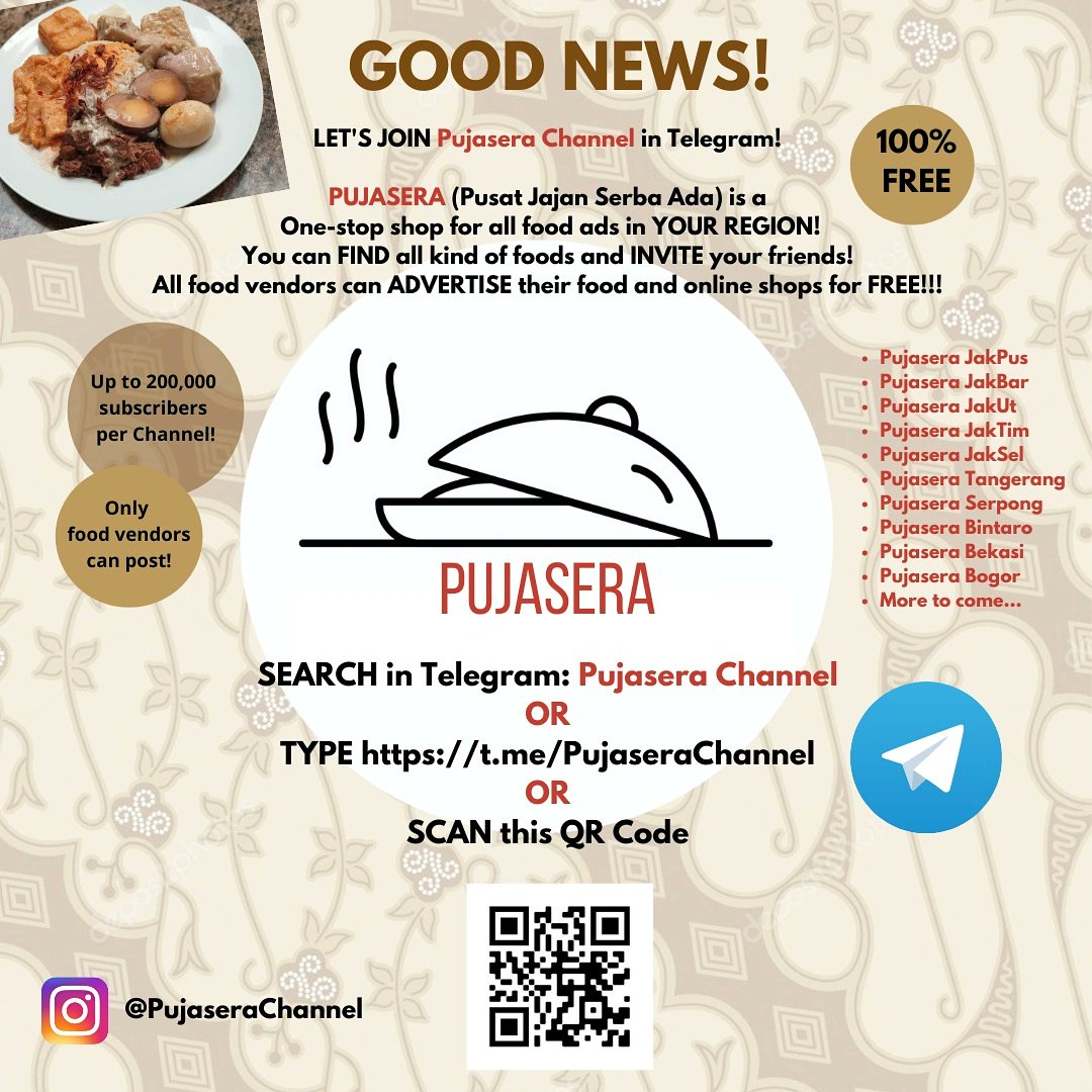 Hi guys, kami ingin membantu semua pedagang mkn &amp; pemilik resto agar survive selama COVID. Kami membuat Telegram Channel PUJASERA di 17 kota, yang akan menjadi Pusat Info Makanan di Tiap Kota tsb, agar semua bisa iklan 100% GRATIS. Please help to spread this info <a href="/arieparikesit/">#KelanaRasa</a>