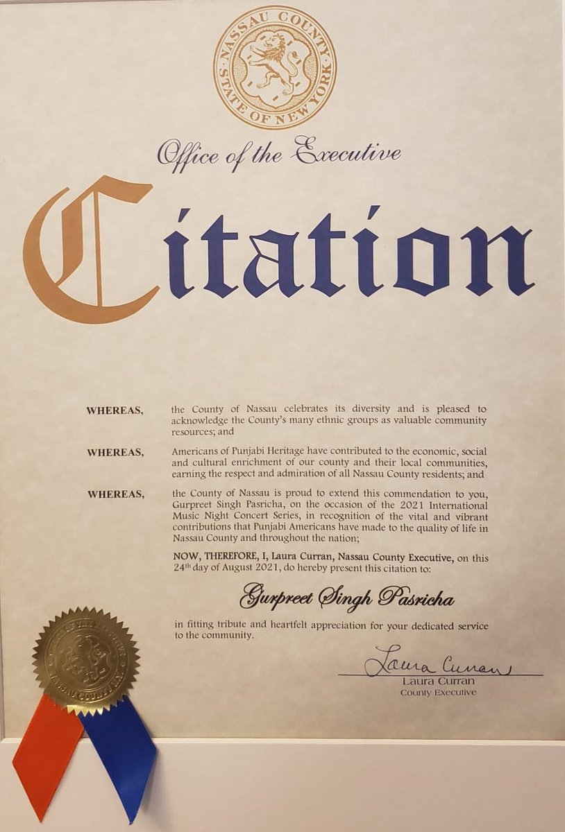 Proud to attend Punjabi American Night at Eisenhower Park and honored to receive a Commendation for Community Service from Nassau County Exec. Laura Curran. Special thanks to my dear friend Mohinder Singh Taneja for organizing such a great event. #Punjabi