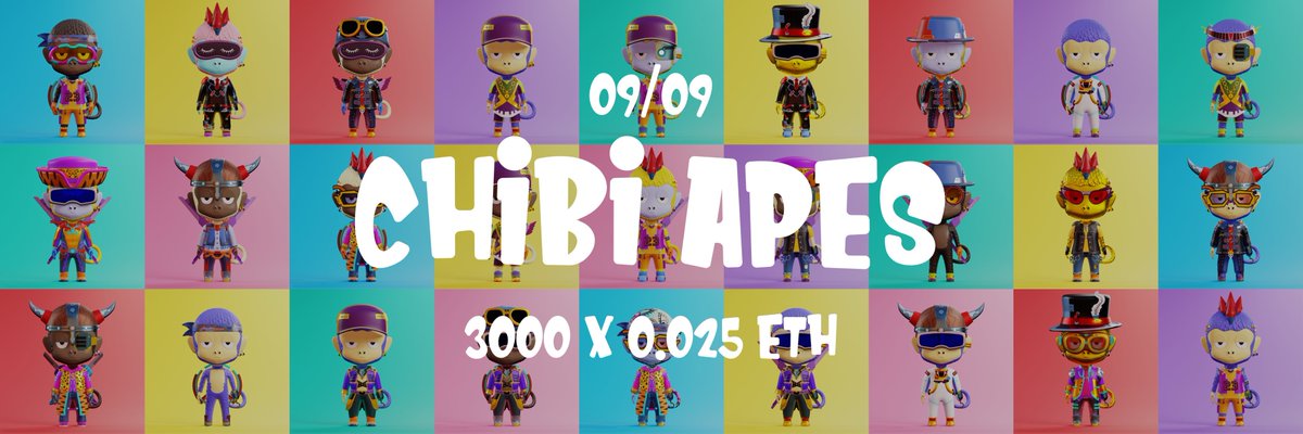 We have an official date for the Chibi Apes!

When? 9th of September!
Where? chibiapes.com
How many? 3000 Apes
How much? 0.025 ETH

More info: discord.io/chibis

Let's go! 🚀🚀🚀

#nftcollector #NFTCommunity
