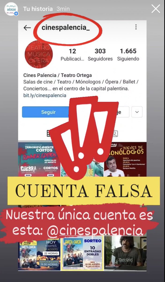 ⚠️⚠️ IMPORTANTE ⚠️⚠️
La cuenta de Instagram @cinespalencia_ es FALSA ❌
Nuestra única cuenta es: @cinespalencia ✅