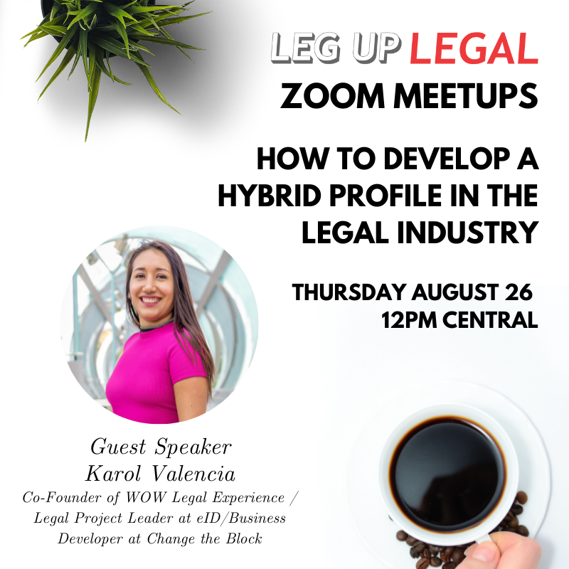 Leg_Up_Legal's tweet photo. Are you a prelaw or current law student interested in law &amp; tech? Come to our free Zoom meetup to learn how one lawyer merged her love of both into her career!

Thurs. Aug. 26 @ 12pm Central 
How to Develop a Hybrid Profile in the Legal Industry
Register: https://t.co/71E192lHru https://t.co/K7rWzeQwQu