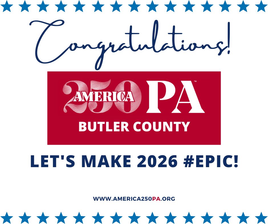 America250_PA's tweet photo. #ButlerCo has become an official #A250PA county partner! Tks to the Butler County Commissioners & #A250PA County Advisory Member, Jack Cohen for their efforts to make this possible! We look forward to working with you to make 2026 #EPIC!
#JoinUs #EveryCounty #EveryPennsylvanian https://t.co/DszHrTumri