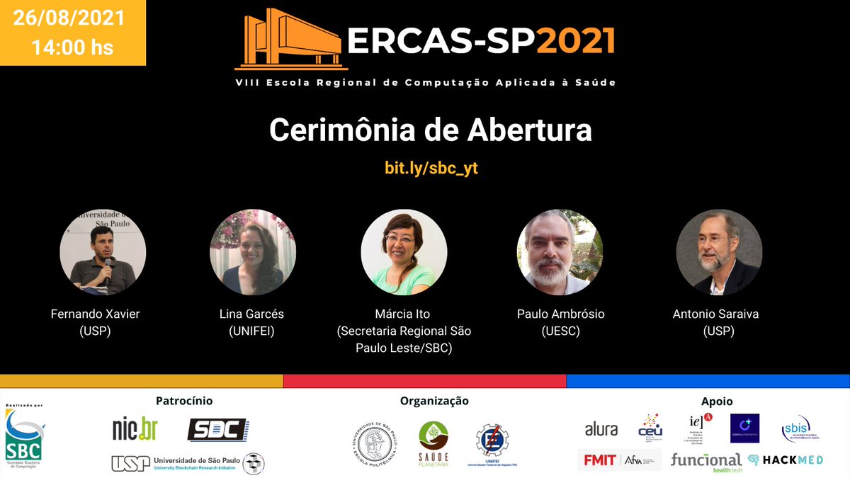 Amanhã (26/08) tem inicio a VIII Escola Regional de Computação Aplicada à Saúde começará às 14 hs, teremos a abertura oficial do evento, que vai ser transmitida pelo canal da SBC no YouTube. Mais informações em buff.ly/3jdVsGc
 #ERCAS2021 #sbc #cecas-sbc #sbcspleste #sbis