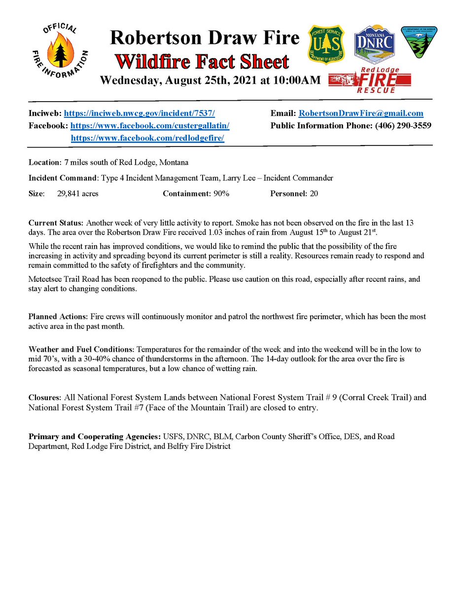 August 25th #robertsondrawfire Weekly Update: Low activity, past week has brought 1.03 inches of rain over the fire area.