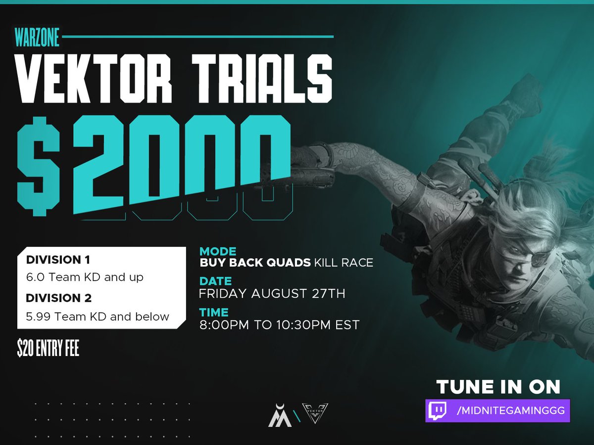 VektorLLC's tweet photo. 🚨 Update on the Vektor Trials! The Vektor Trials will now be a Quads BUYBACK tournament this Friday! 🚨 #vektortrials #warzone https://t.co/T5NT587Wb2