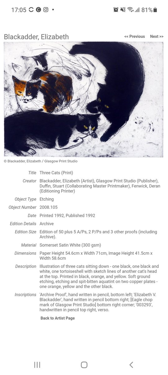 kerrycurator's tweet photo. RIP Elizabeth Blackadder, what a joy to work with her beautiful prints @GlasPrintStudio Beautiful flower images but the cats were always a favourite. This print had a special addition.... https://t.co/BPeAZ6Xt8e