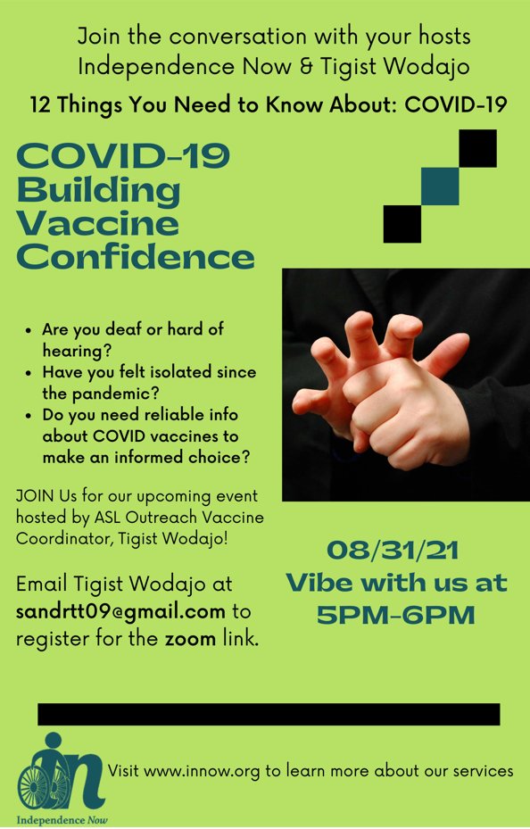 Are you #deaf or hard of hearing?

Have you felt isolated since the #pandemic?

Do you need reliable info abt #COVIDvaccines?

Join us on 8/31 @ 5PM for an event hosted by #ASL Outreach #Vaccine Coordinator, Tigist Wodajo.

Register: us02web.zoom.us/meeting/regist…