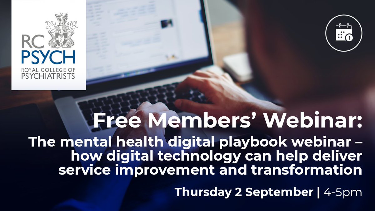 The next in our series of #RCPsychLive webinars will showcase the Mental Health digital playbook and how technology can help solve common challenges in the delivery of mental health services. Register now for FREE to watch live or on demand! ➡️💻 bit.ly/3BdoLi8 <a href="/LJ_Ali1/">Dr Lia ‘biopsychosocial’ Ali</a>