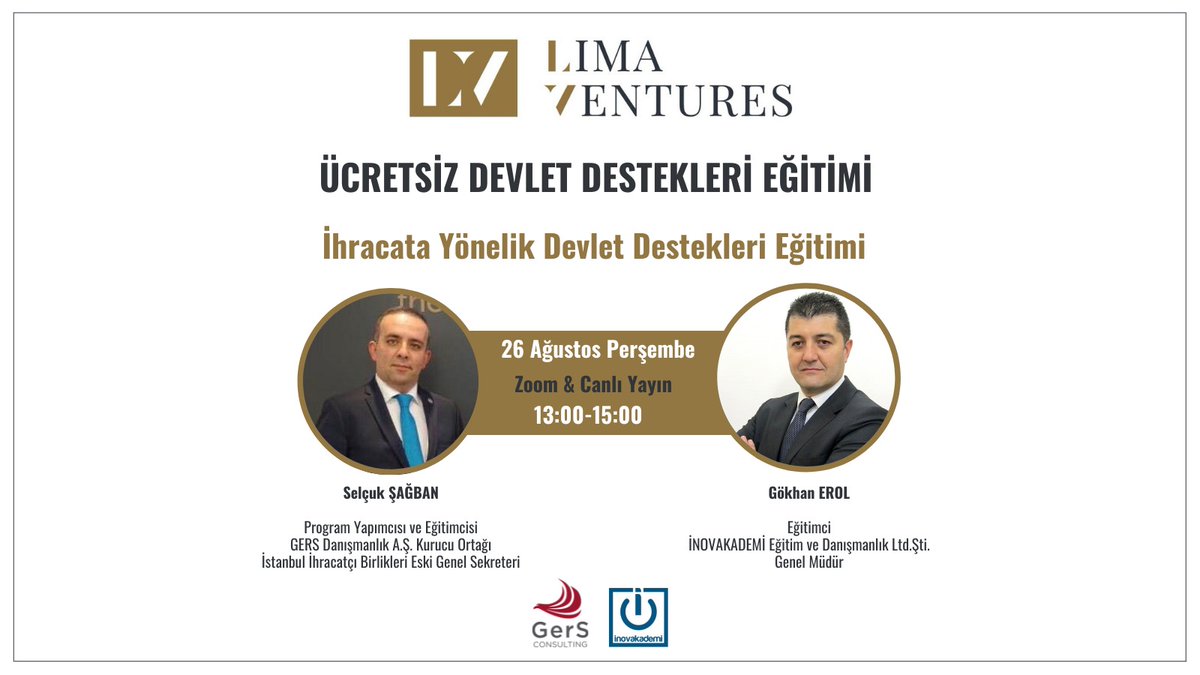 Lima Ventures sponsorluğunda 26 Ağustos 2021 Perşembe günü 13:00-15:00 saatleri arasında gerçekleşecek ücretsiz Devlet Destekleri eğitimine tüm girişimci ve yatırımcı ekosistemi davetlimizdir. ✏️✅

Kayıt olmak için;
us02web.zoom.us/meeting/regist…