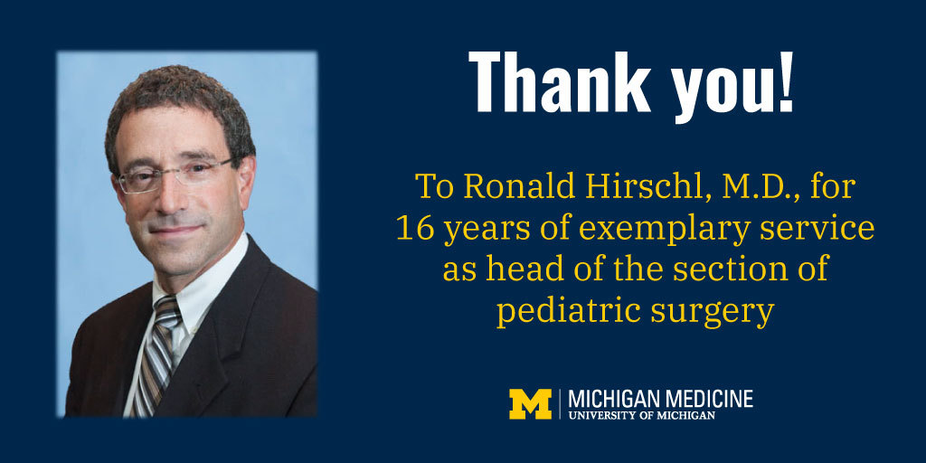 Michigan Surgery (@umichsurgery) on Twitter photo Grateful 🙏 for the leadership and service from <a href="/Ronstoppable/">Ronald Hirschl</a> during his tenure as head of the section of pediatric surgery and excited for his work to continue after he steps down!
The section is in good hands with <a href="/erikaanewman/">Erika Adams Newman</a> serving as interim section head. 🙌 Grateful 🙏 for the leadership and service from <a href="/Ronstoppable/">Ronald Hirschl</a> during his tenure as head of the section of pediatric surgery and excited for his work to continue after he steps down!
The section is in good hands with <a href="/erikaanewman/">Erika Adams Newman</a> serving as interim section head. 🙌