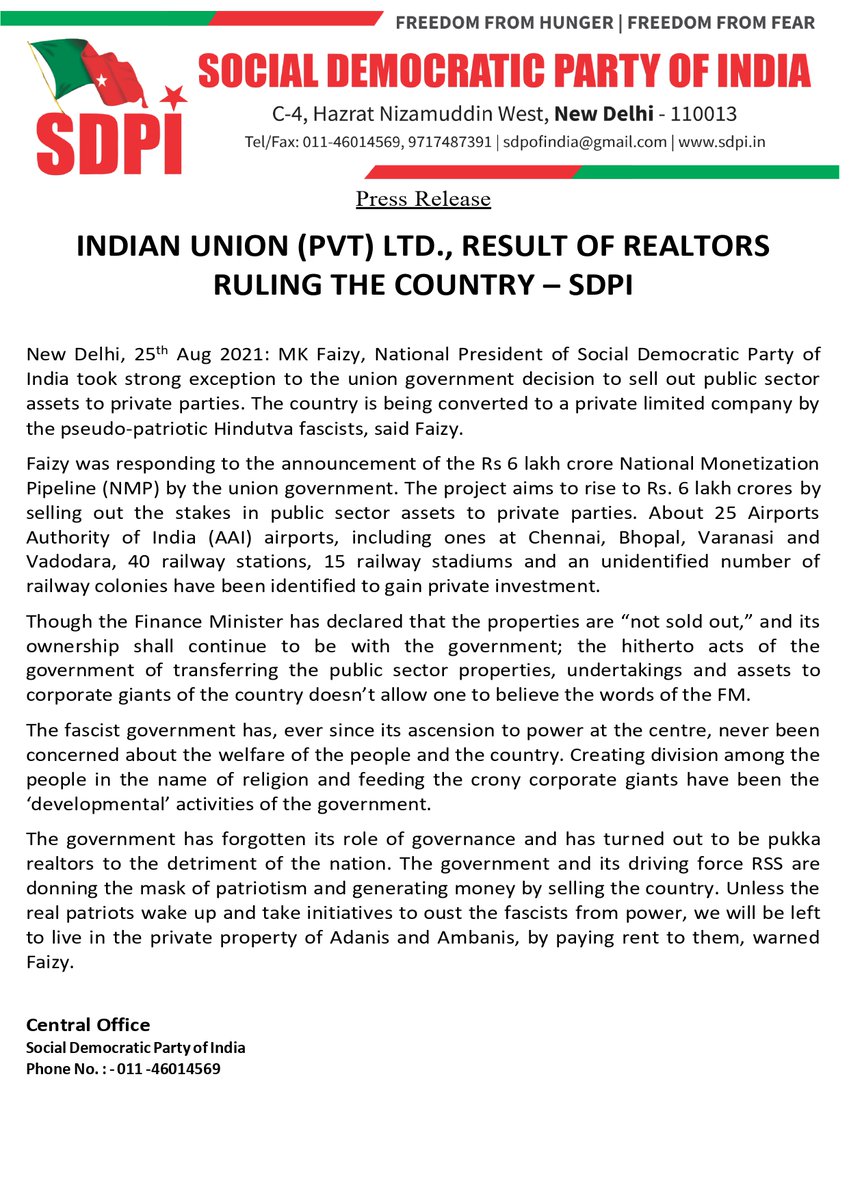 SDPI (@sdpofindia) on Twitter photo INDIAN UNION (PVT) LTD., RESULT OF REALTORS RULING THE COUNTRY – SDPI
#DalalPM #IndiaOnSale <a href="/MKFaisy/">MK Faizy</a> INDIAN UNION (PVT) LTD., RESULT OF REALTORS RULING THE COUNTRY – SDPI
#DalalPM #IndiaOnSale <a href="/MKFaisy/">MK Faizy</a>