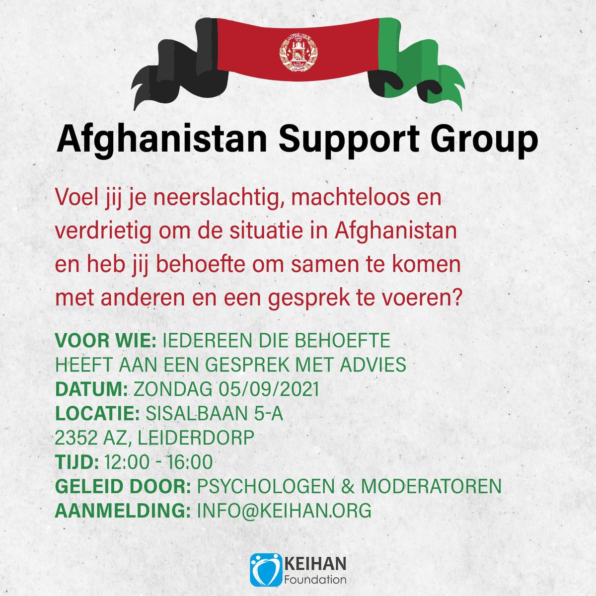 Stichting KEIHAN organiseert een Support Group. Ben jij, of ken jij iemand die een luisterend oor kan gebruiken, met andere Afghanen je verdriet wilt delen en steun vinden bij een groep? Onder begeleiding van psychologen, therapeuten en mediatoren ben je van harte welkom.