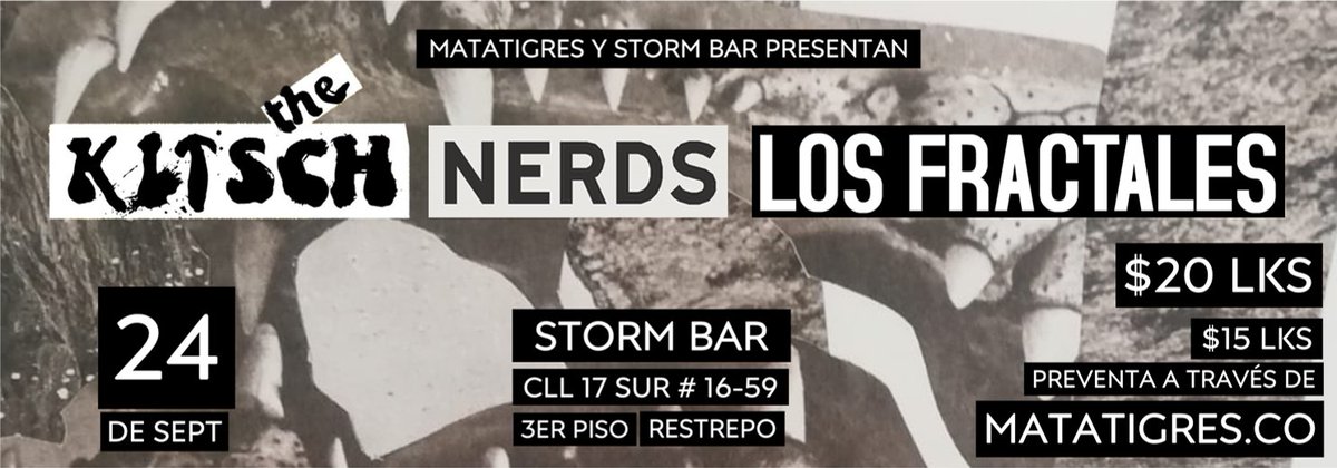 Se completó el aforo para el toque de Juliana Quédate Otro Día en <a href="/LaRomaRecordsCO/">LaRomaRecordsCol</a> pero aún puedes conseguir tus entradas para <a href="/T_Kitsch/">The Kitsch</a>, <a href="/nerdsbanda/">NERDS</a> y <a href="/LosFractaless/">Los Fractales</a> en Storm Bar en matatigres.co