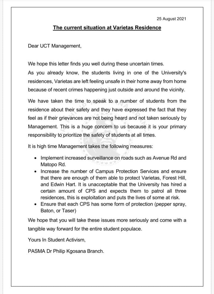 PASMA on the current safety of UCT students. Message to UCT management.