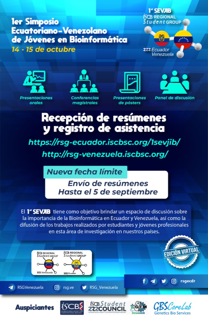 RSG_Venezuela's tweet photo. Extendemos la recepcion de resumenes hasta el domingo #5Sep aprovecha esta oportunidad para terminarlo y participar en este #Simposio pionero en #Ecu y #Ven
Formulario: https://t.co/FDvpMkqpAM
+ Info en: https://t.co/LMu6tcQeKO https://t.co/DKggnGKRf6