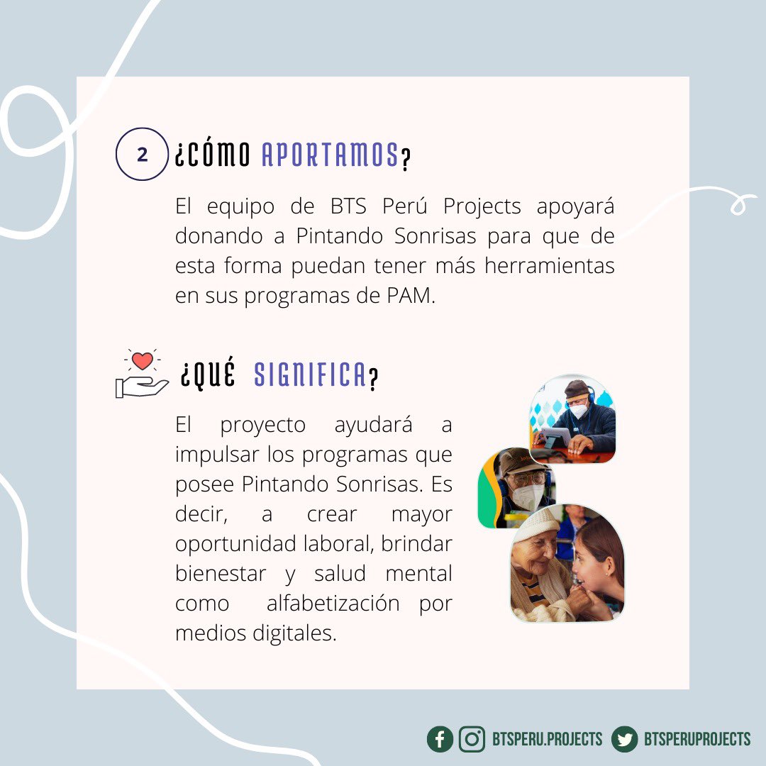 BTSPERUPROJECTS's tweet photo. TODO APORTE SUMA !
No seamos indiferentes … PENSAR EN LAS PERSONAS ADULTAS HOY, ES PENSAR EN NUESTRO PROPIO FUTURO 🙌🏼🙌🏼🙌🏼💜💜💜💜!!
Ayúdanos a llegar a las personas !
#ARMY #BTS #BTSARMY https://t.co/ujW46GDoWj