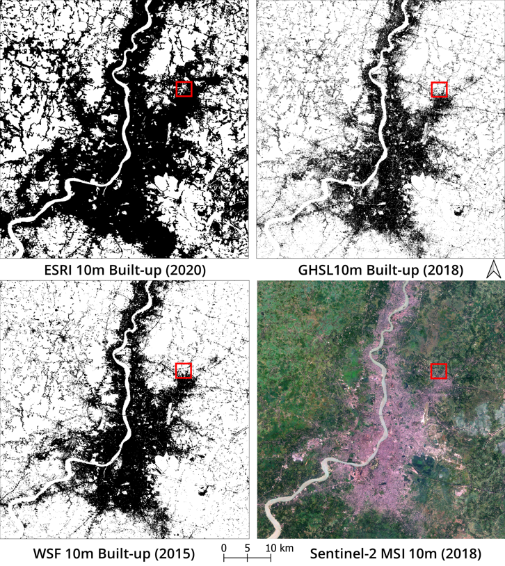 i_pratyusht's tweet photo. Image from our recent preprint that compares 10m global built-up (BU) datasets for Kolkata. These are: BU class from ESRI’s land cover, World Settlement Footprint by @DLR_en and GHS-BUILT-S2 by JRC of @EU_Commission. 🧵 https://t.co/2ac3bm9kkF