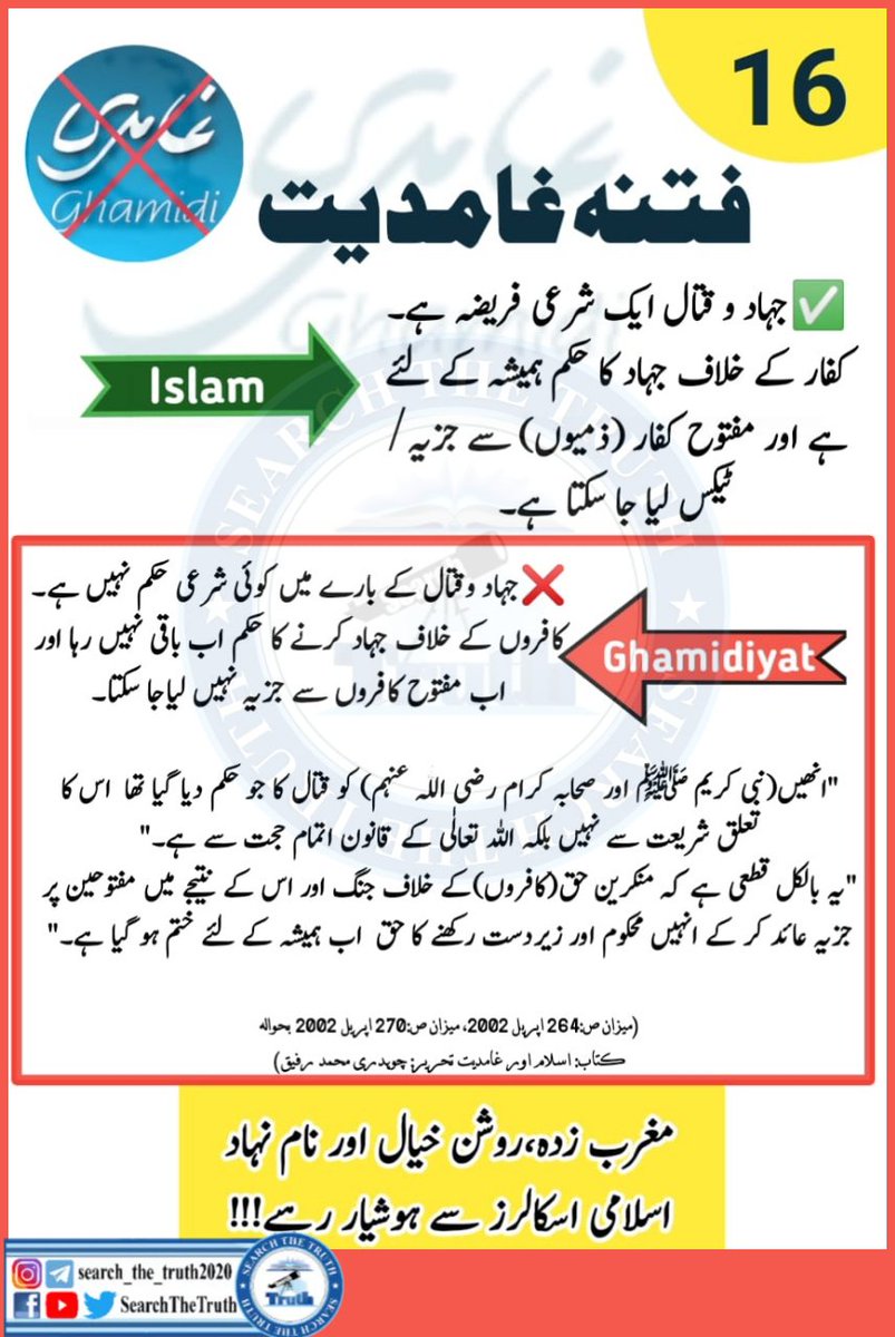 SearchTheTruth5's tweet photo. series # 1⃣6⃣
Ghamdiyat▶
❌There is no Shari'ah ruling on jihad and fighting the Command to wage jihad against the disbelievers is no more and no jizya can be teken form the open disbelievers
#Mischief of #Ghamdiyat
#Beware of #westernized #enlightened #so_Collded https://t.co/hZD7mHWRqS