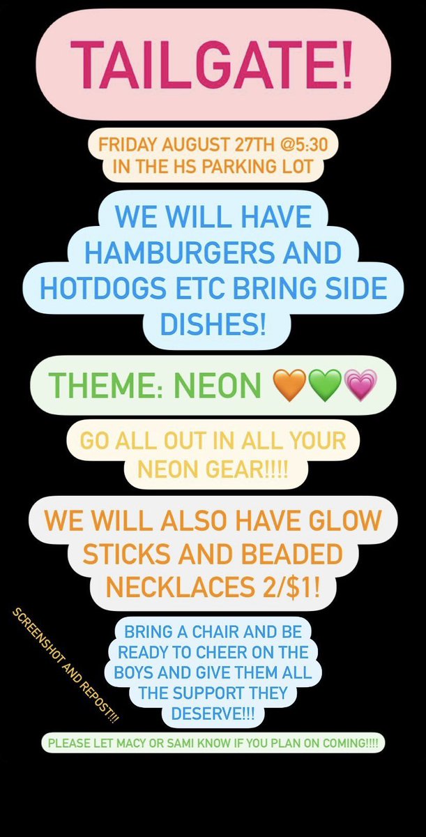 There will be a TAILGATE before the game on Friday! Show out @ 5:30 in the parking lot and feel free to bring any side dishes/drinks! Make it packed 🚨🚨