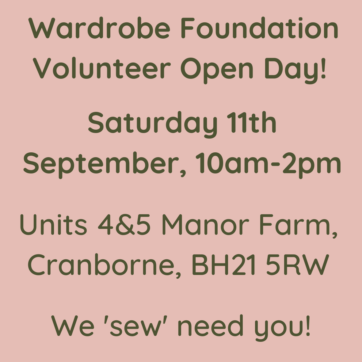 WardrobeFounda1's tweet photo. Come and join us at our Volunteer Open Day on Saturday 11th September from 10-2 at the Wardrobe Foundation unit in Cranborne. 
We 'Sew' need your help! 
https://t.co/brmgVt75AL https://t.co/mPsTLscjWw
